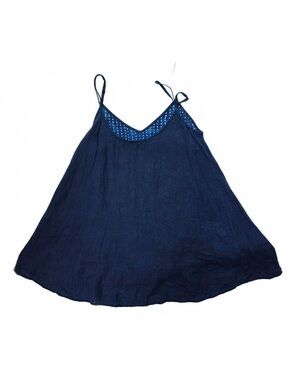 MAIWA Reversible Indigo Linen A=Line Swing Tank Top  Blue Block Print Boho Med